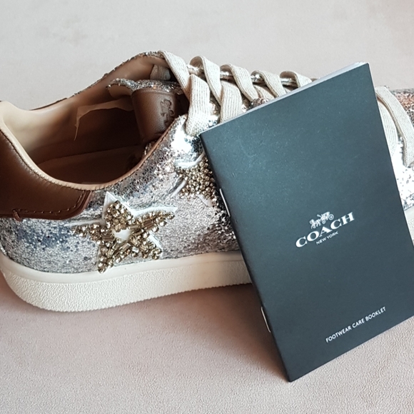 COACH STAR EMBELLISHED GLITTER & LEATHER SNEAKERS - Picture 14 of 14
